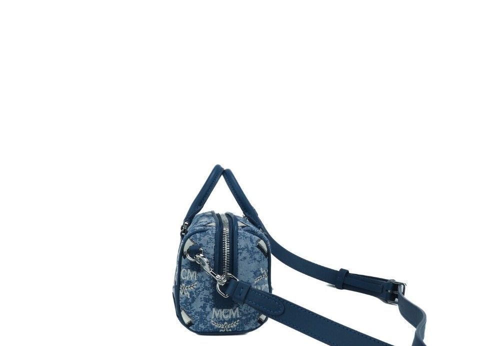 MCM Boston Mini Blue Vintage Jacquard Logo Fabric Satchel Crossbody Handbag - KALAJ