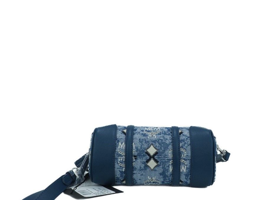 MCM Boston Mini Blue Vintage Jacquard Logo Fabric Satchel Crossbody Handbag - KALAJ