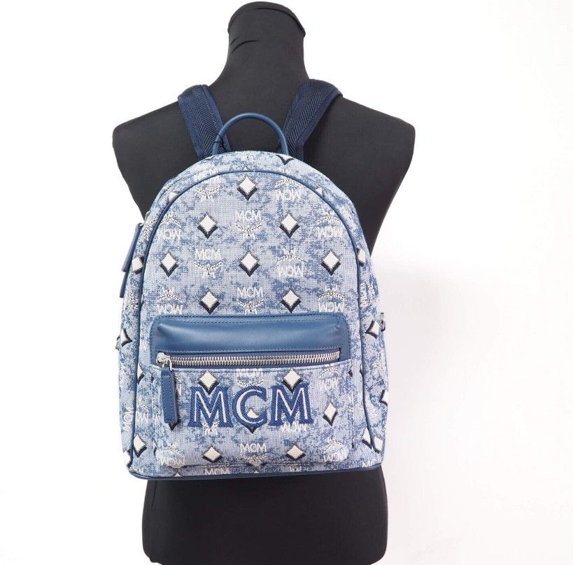 MCM Stark Small Blue Vintage Jacquard Monogram Logo Fabric Backpack Bookbag - KALAJ