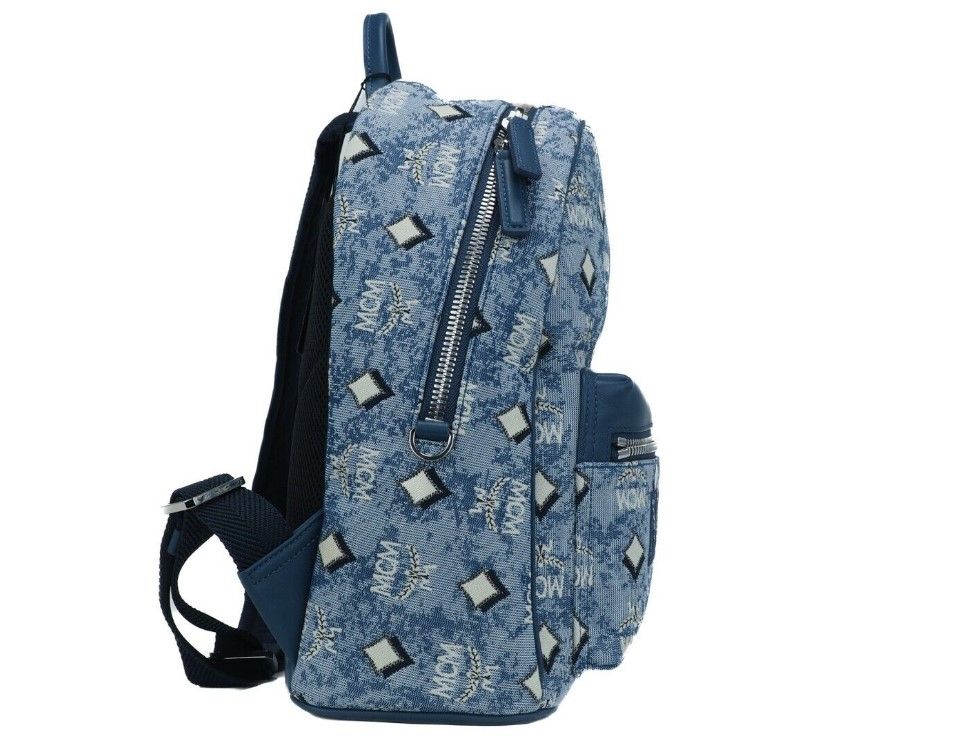 MCM Stark Small Blue Vintage Jacquard Monogram Logo Fabric Backpack Bookbag - KALAJ