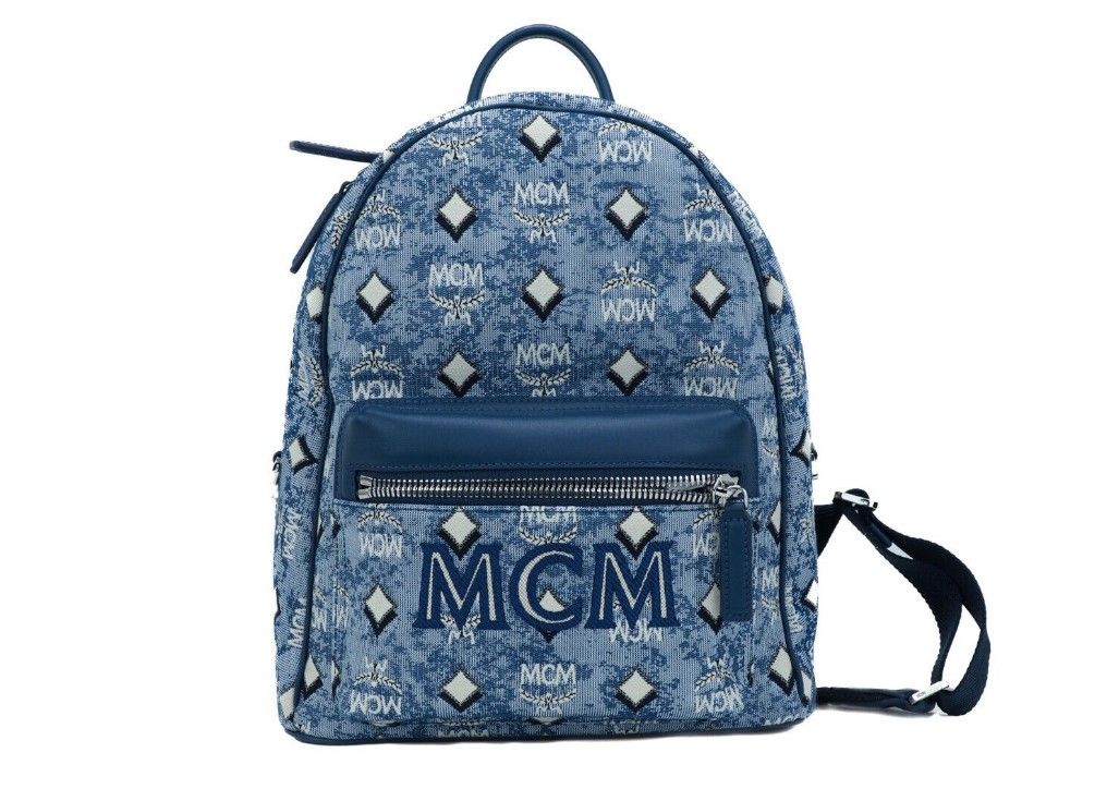 MCM Stark Small Blue Vintage Jacquard Monogram Logo Fabric Backpack Bookbag - KALAJ