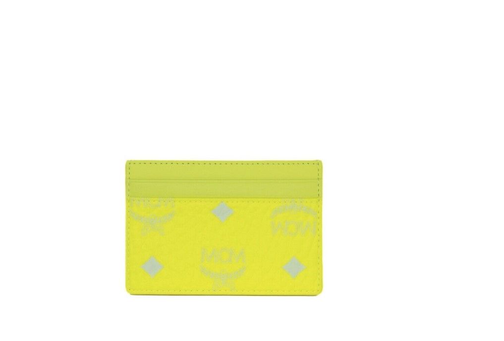 MCM Spectrum Diamond Mini Neon Yellow Visetos Leather Card Case Holder Wallet - KALAJ