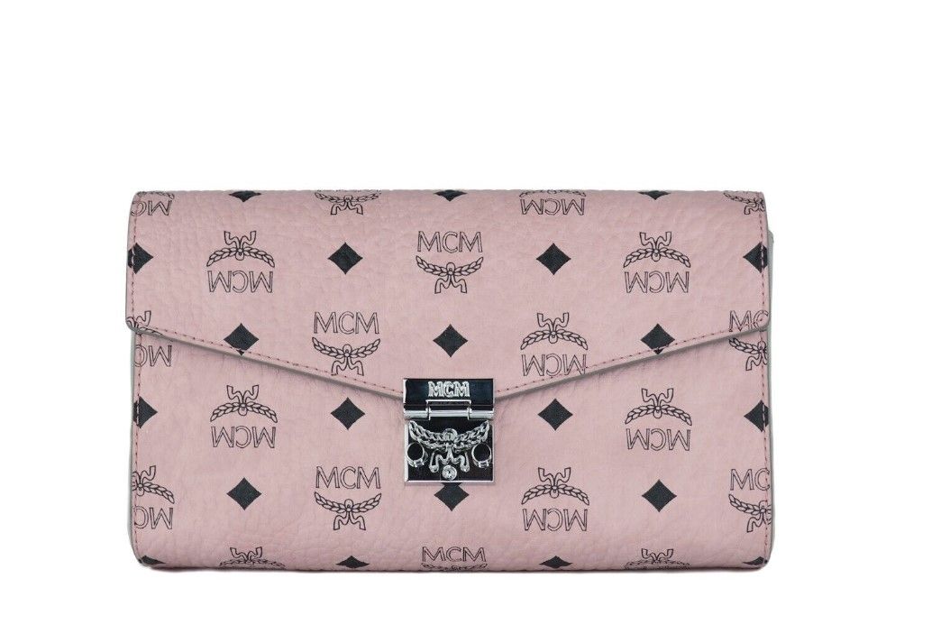 MCM Medium Soft Pink Signature Diamond Logo Leather Clutch Crossbody Handbag - KALAJ