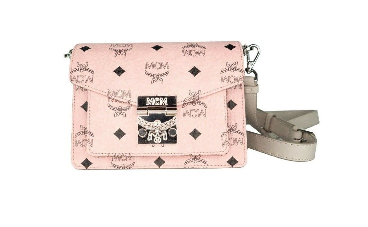 MCM Signature Soft Pink Diamond Logo Leather Mini Flap Lock Crossbody Handbag - KALAJ