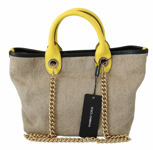 Dolce & Gabbana Beige Linen-Calf Tote with Gold Chain - KALAJ