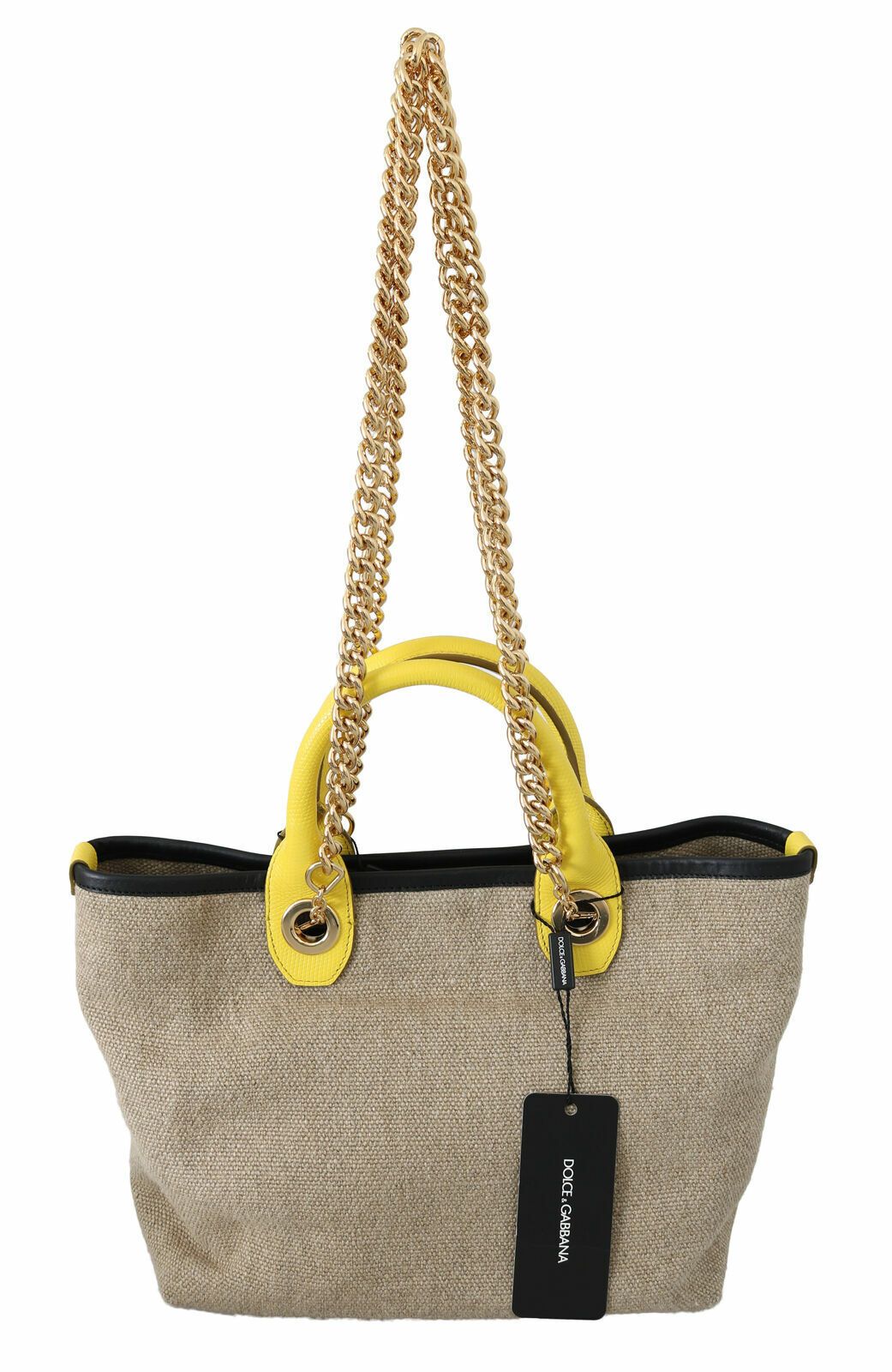 Dolce & Gabbana Beige Linen-Calf Tote with Gold Chain - KALAJ