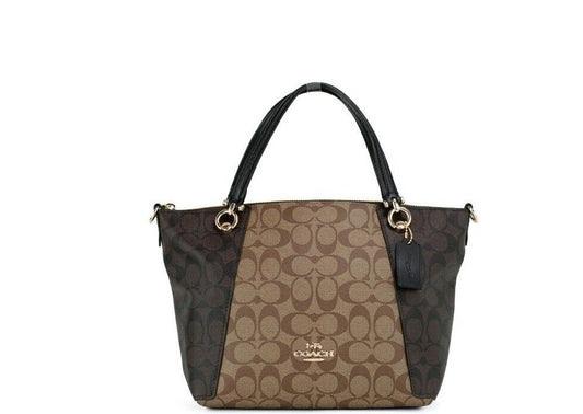 COACH Kacey Khaki Brown Blocked Signature Canvas Top Zip Satchel Handbag - KALAJ