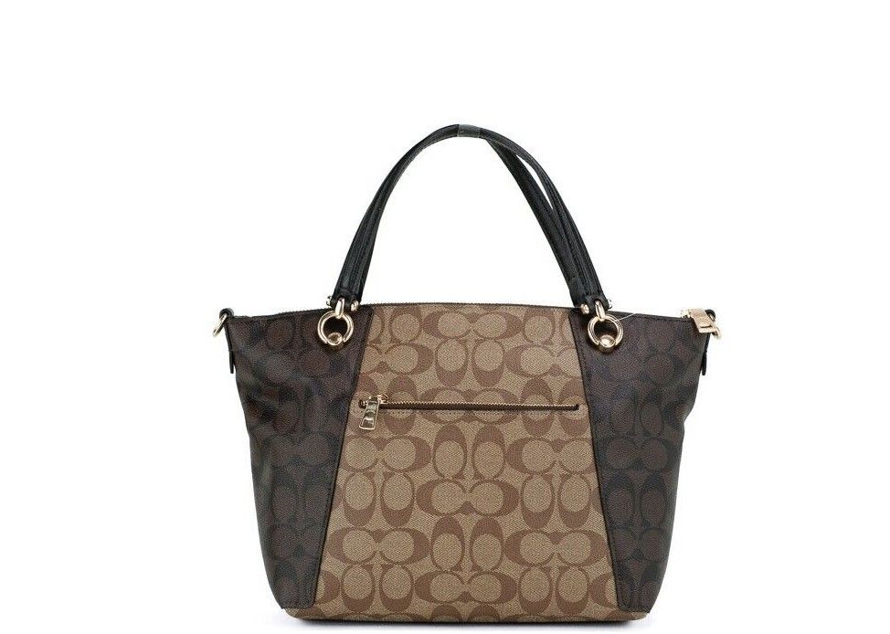 COACH Kacey Khaki Brown Blocked Signature Canvas Top Zip Satchel Handbag - KALAJ