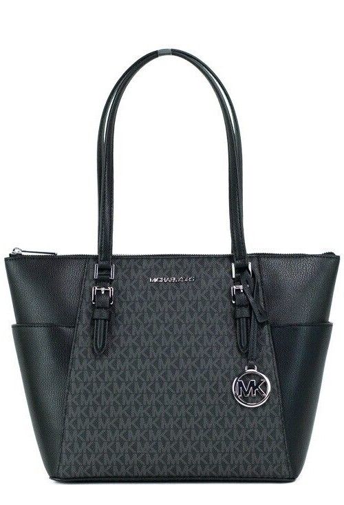 Michael Kors Charlotte Black PVC Leather Large Top Zip Tote Handbag Bag Purse - KALAJ