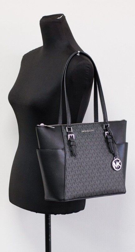 Michael Kors Charlotte Black PVC Leather Large Top Zip Tote Handbag Bag Purse - KALAJ