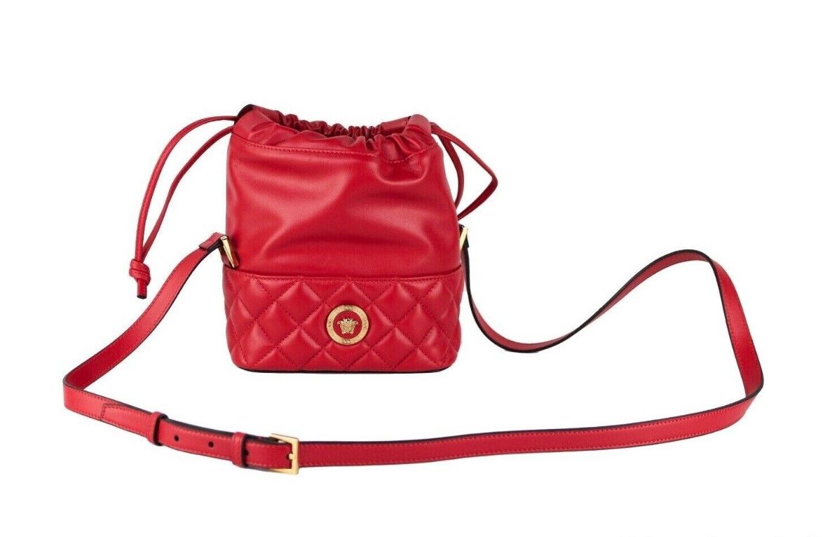 Versace Red Quilted Leather Drawstring Shoulder Bag Bucket Crossbody Handbag - KALAJ