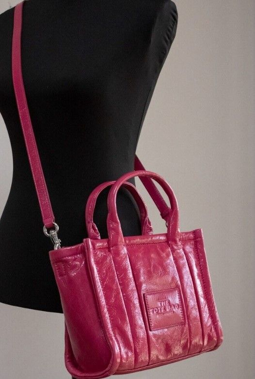 Marc Jacobs The Shiny Crinkle Mini Tote Magenta Leather Crossbody Handbag Purse - KALAJ