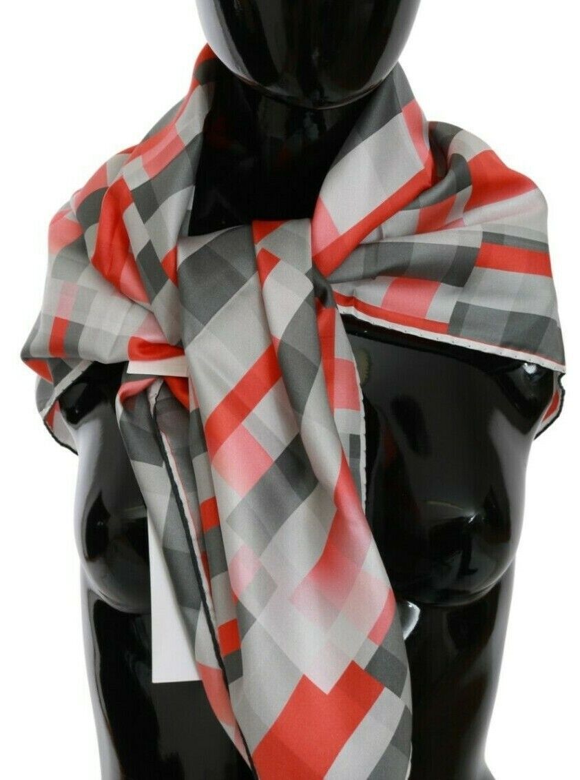 Costume National Elegant Silk Checkered Scarf in Gray and Red - KALAJ