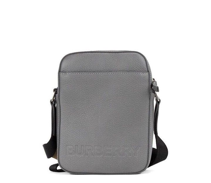 Burberry Thornton Small Grey Embossed Logo Grainy Leather Crossbody Handbag - KALAJ