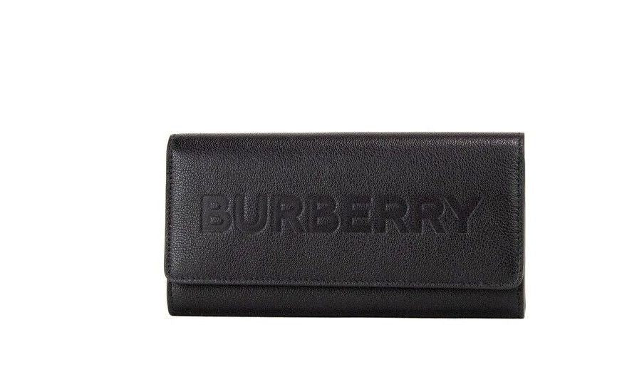 Burberry Porter Black Grained Leather Branded Logo Embossed Clutch Flap Wallet - KALAJ