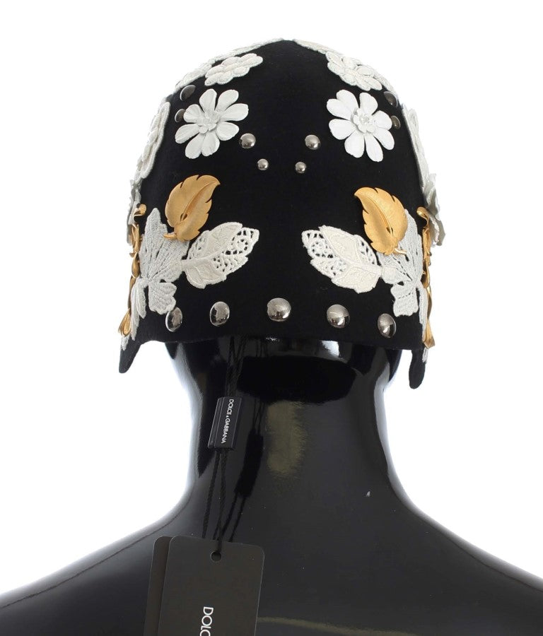 Dolce & Gabbana Elegant Black Floral Wool Cloche Hat - KALAJ