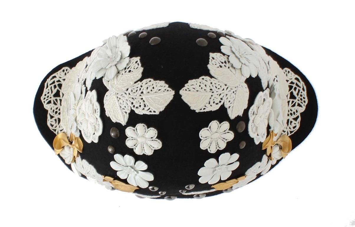 Dolce & Gabbana Elegant Black Floral Wool Cloche Hat - KALAJ