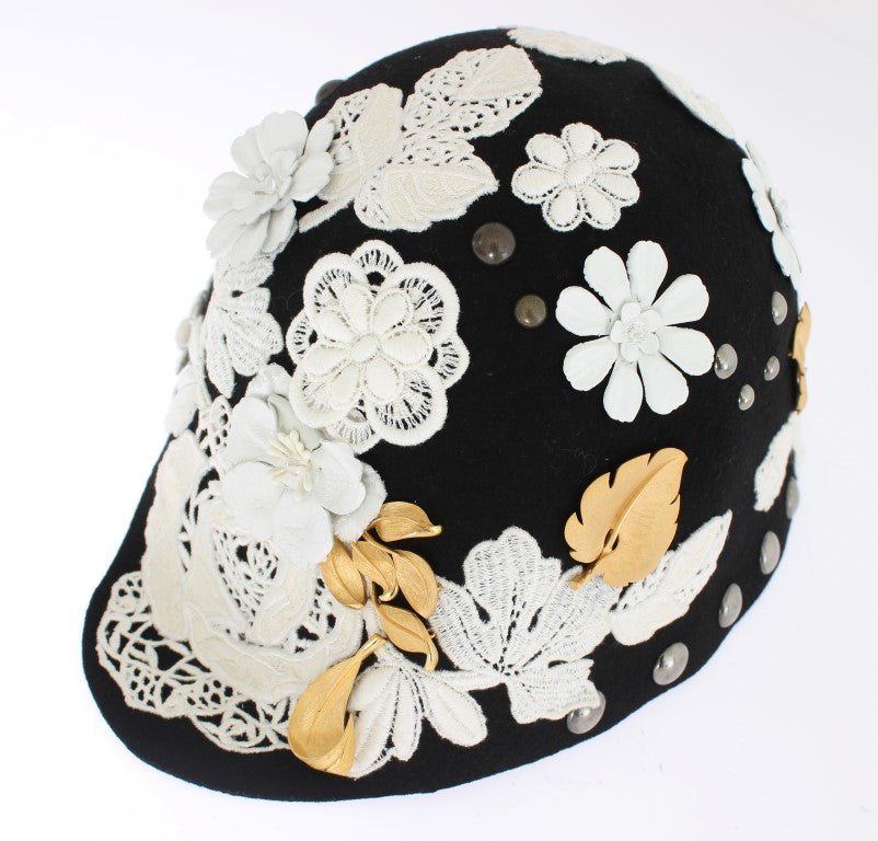 Dolce & Gabbana Elegant Black Floral Wool Cloche Hat - KALAJ