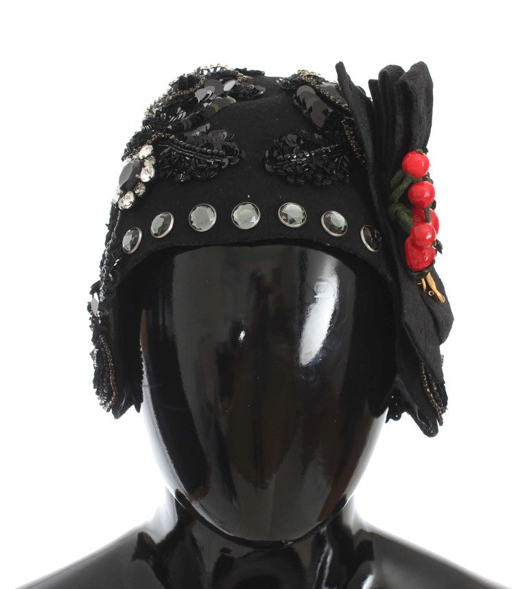 Dolce & Gabbana Elegant Black Crystal-Adorned Cloche Hat - KALAJ