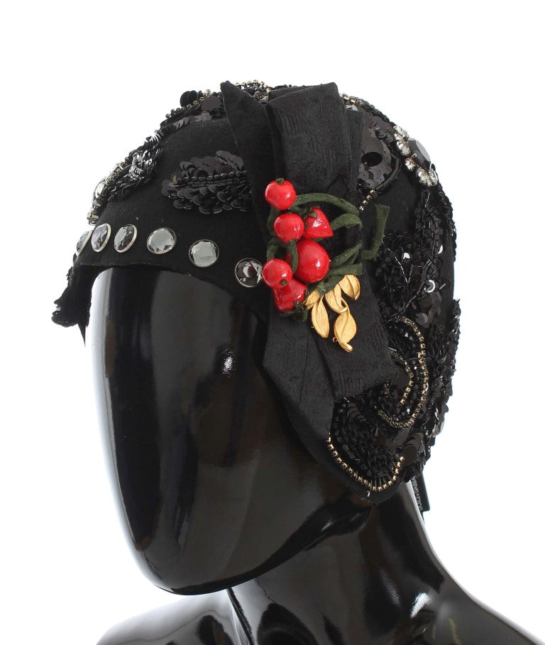 Dolce & Gabbana Elegant Black Crystal-Adorned Cloche Hat - KALAJ