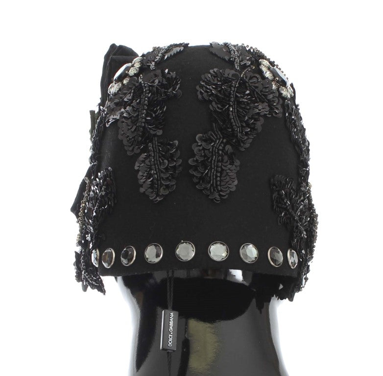 Dolce & Gabbana Elegant Black Crystal-Adorned Cloche Hat - KALAJ