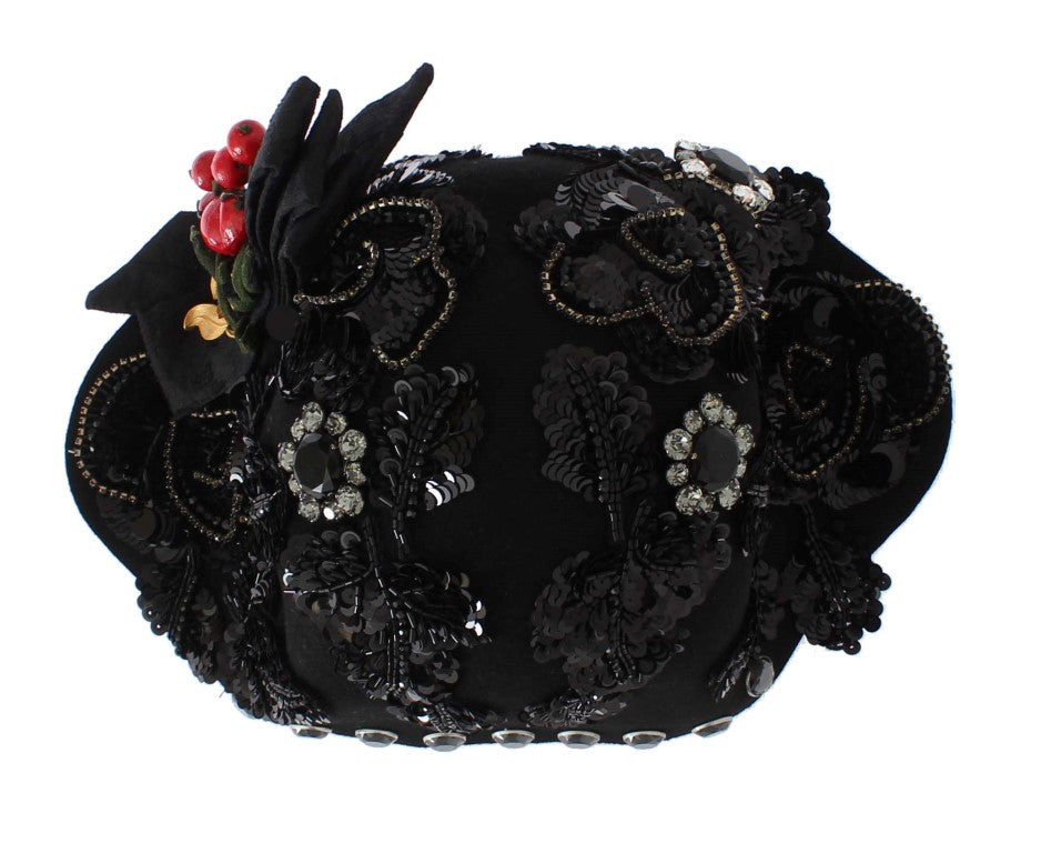 Dolce & Gabbana Elegant Black Crystal-Adorned Cloche Hat - KALAJ