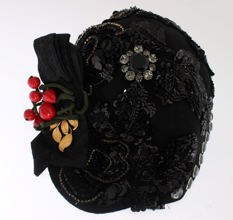 Dolce & Gabbana Elegant Black Crystal-Adorned Cloche Hat - KALAJ