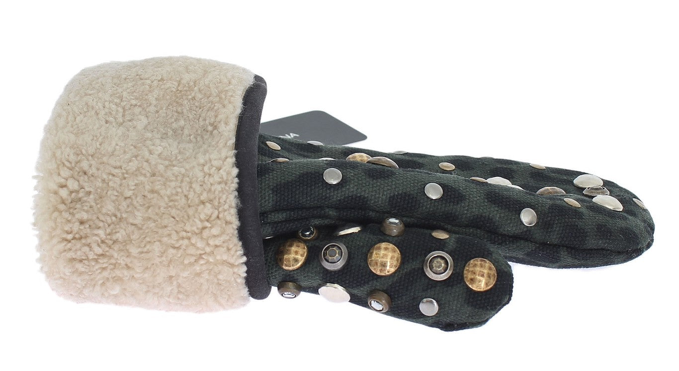 Dolce & Gabbana Elegant Studded Gray Wool Shearling Gloves - KALAJ