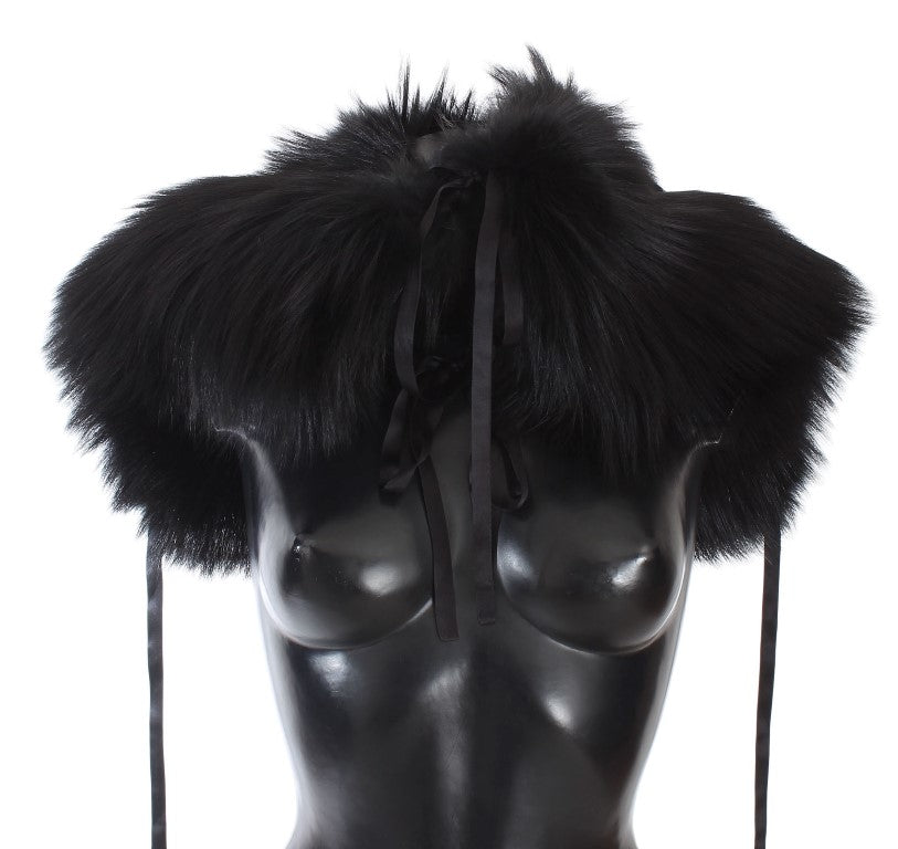 Dolce & Gabbana Elegant Black Fox Fur Silk Shoulder Wrap - KALAJ