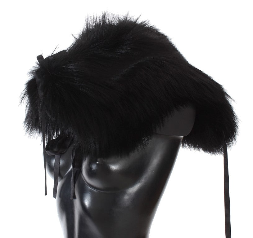 Dolce & Gabbana Elegant Black Fox Fur Silk Shoulder Wrap - KALAJ