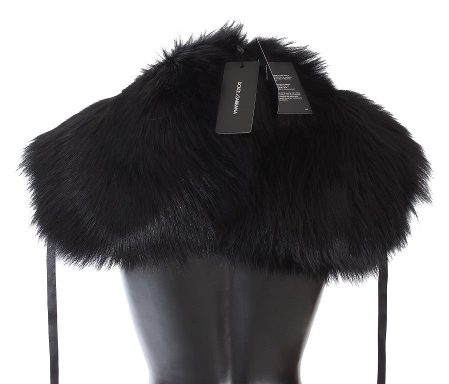 Dolce & Gabbana Elegant Black Fox Fur Silk Shoulder Wrap - KALAJ