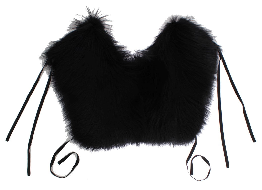 Dolce & Gabbana Elegant Black Fox Fur Silk Shoulder Wrap - KALAJ