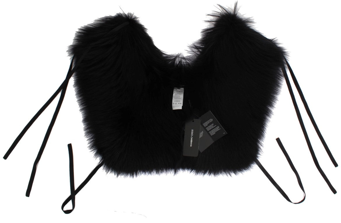 Dolce & Gabbana Elegant Black Fox Fur Silk Shoulder Wrap - KALAJ