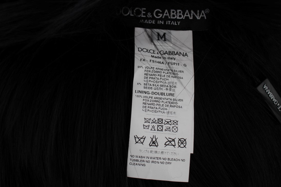 Dolce & Gabbana Elegant Black Fox Fur Silk Shoulder Wrap - KALAJ