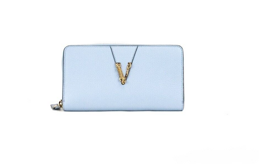 Versace Large Cornflower Grainy Leather Gold Monogram Zip Around Clutch Wallet - KALAJ