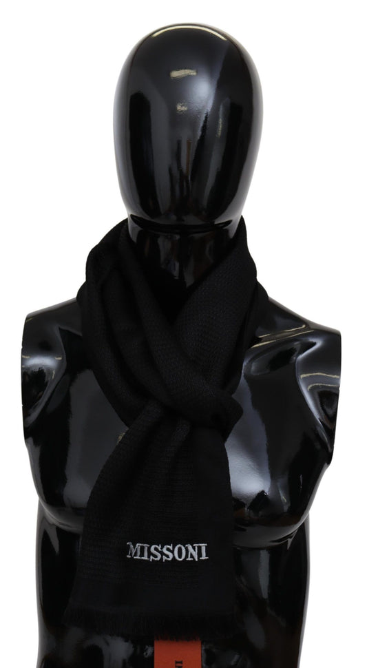 Missoni Black Wool Blend Unisex Neck Wrap Fringes Men's Scarf - KALAJ