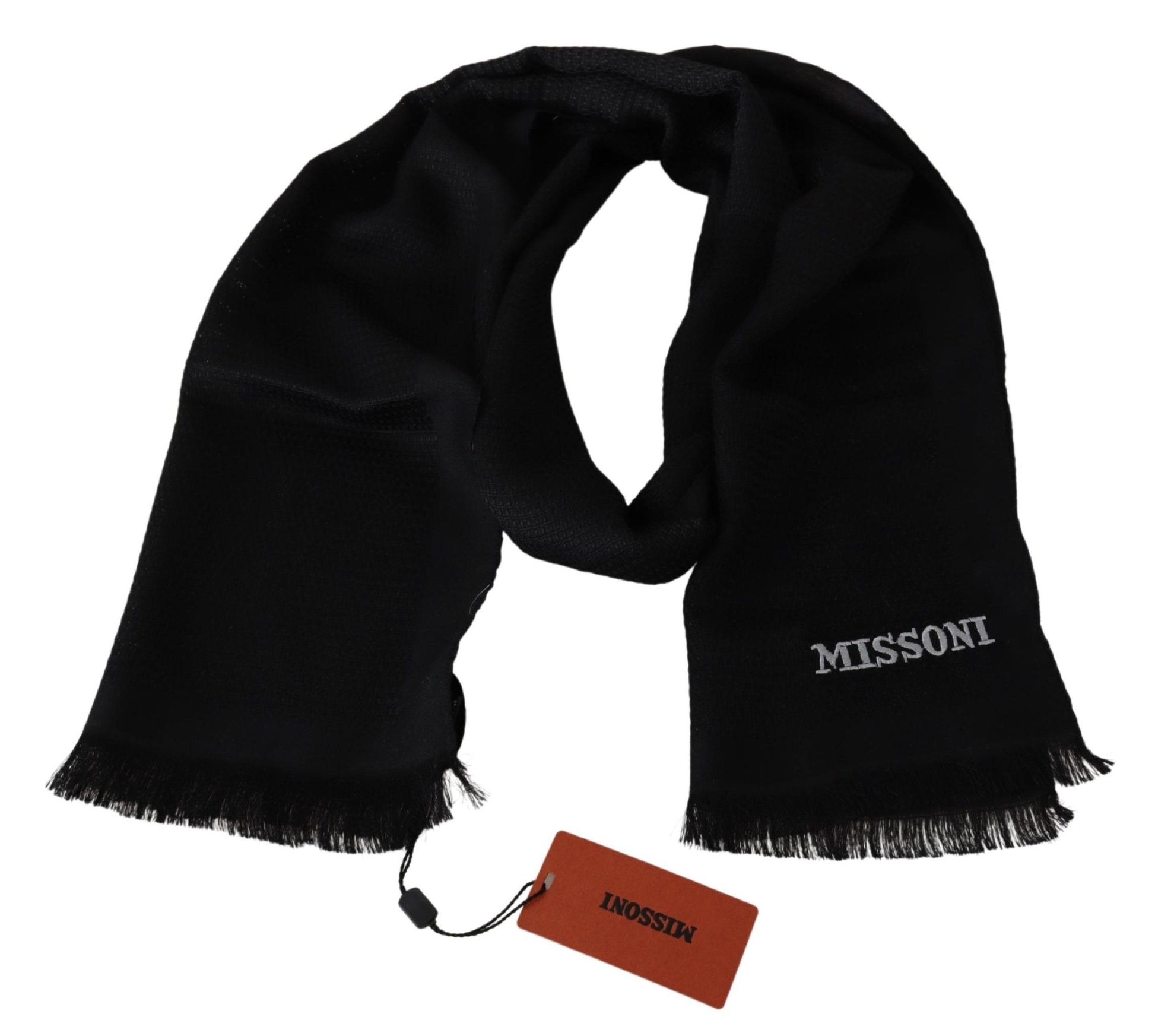 Missoni Black Wool Blend Unisex Neck Wrap Fringes Men's Scarf - KALAJ