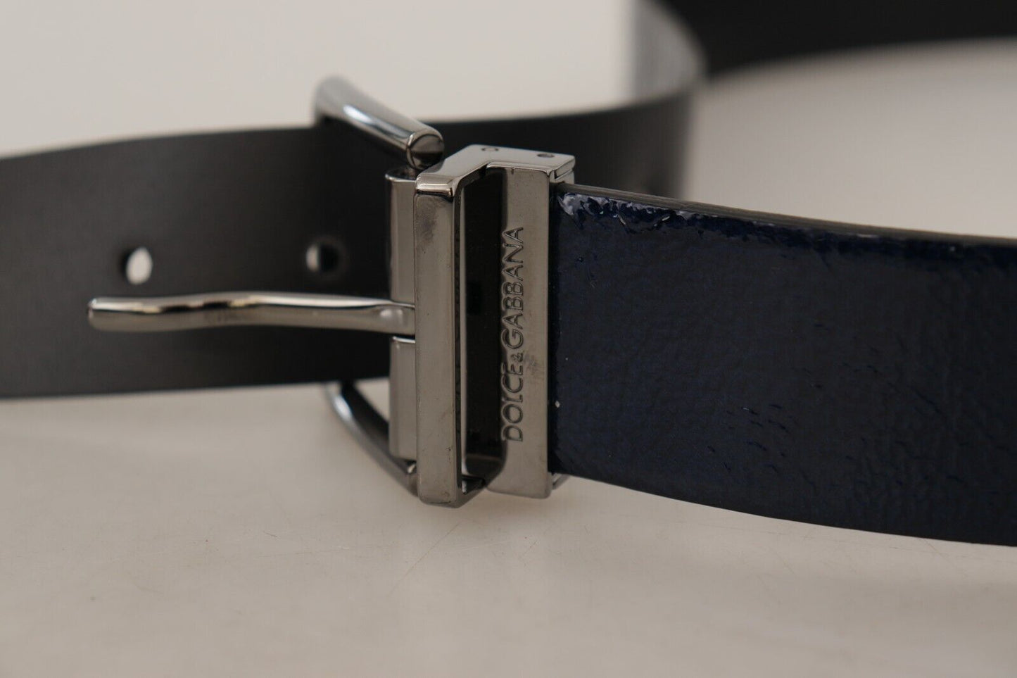 Dolce & Gabbana Elegant Blue Leather Belt with Silver Buckle - KALAJ