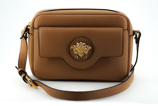 Versace Elegant Brown Leather Camera Case Shoulder Bag - KALAJ