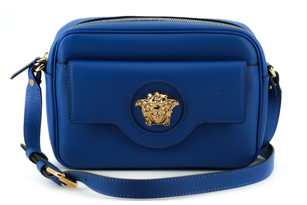 Versace Elegant Blue Calf Leather Camera Case Bag - KALAJ