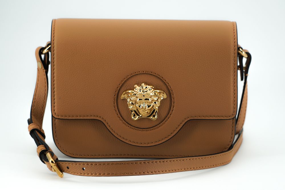 Versace Elegant Calf Leather Shoulder Bag in Brown - KALAJ