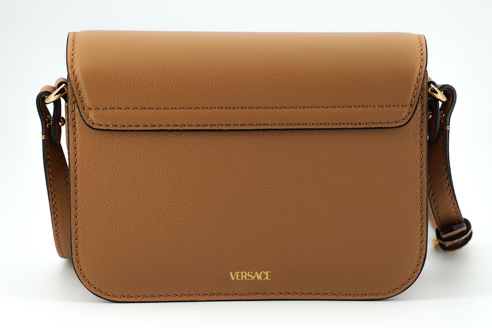 Versace Elegant Calf Leather Shoulder Bag in Brown - KALAJ