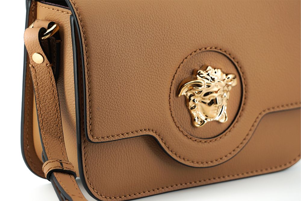 Versace Elegant Calf Leather Shoulder Bag in Brown - KALAJ