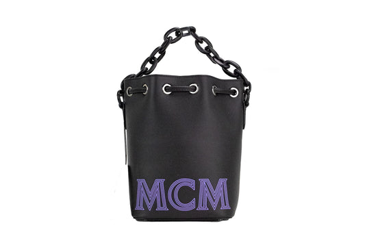 MCM Mini Black Purple Smooth Leather Chain Shoulder Drawstring Bucket Handbag - KALAJ