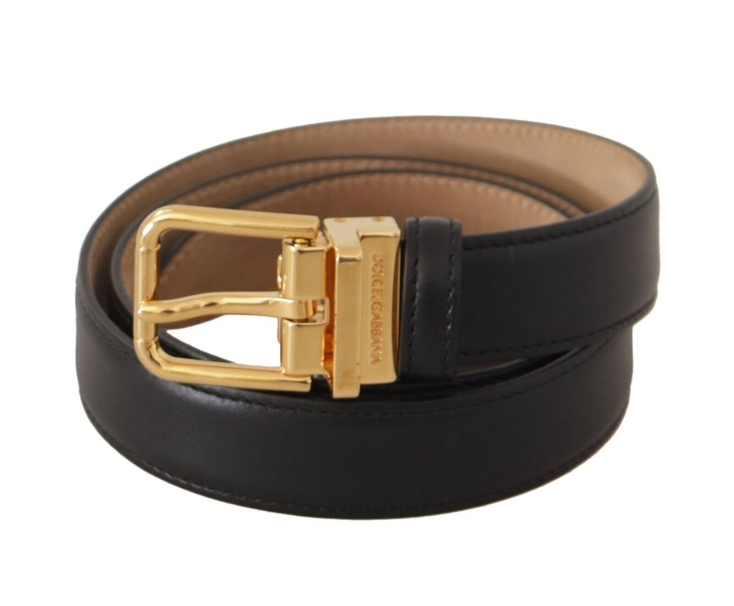 Dolce & Gabbana Elegant Black Leather Belt with Engraved Metal Buckle - KALAJ