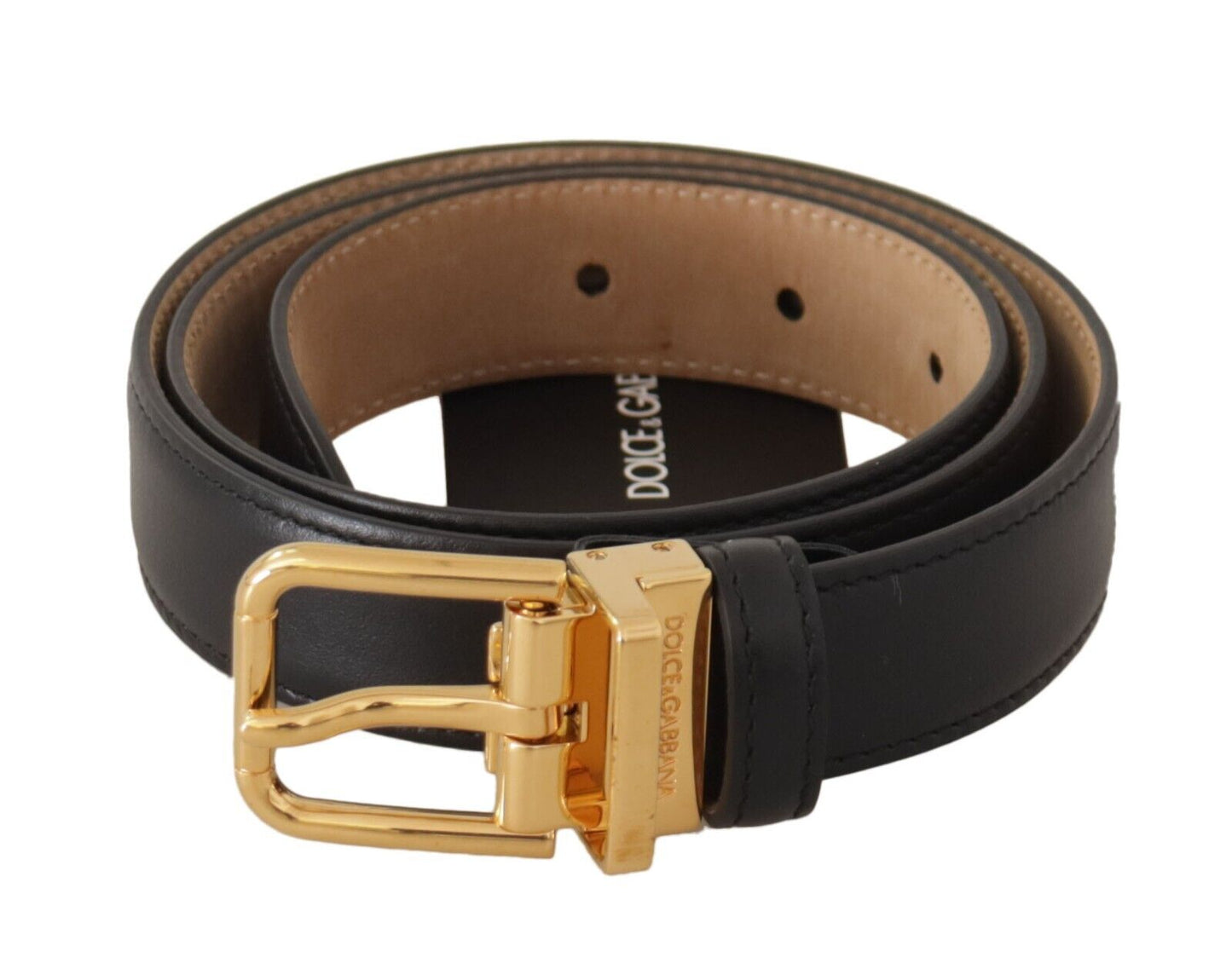 Dolce & Gabbana Elegant Black Leather Belt with Engraved Metal Buckle - KALAJ