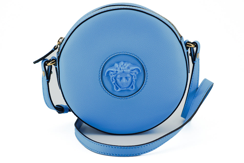 Versace Chic Blue Leather Round Shoulder Bag - KALAJ