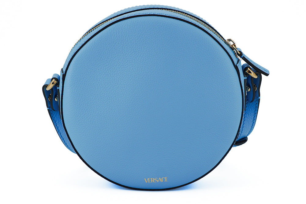 Versace Chic Blue Leather Round Shoulder Bag - KALAJ