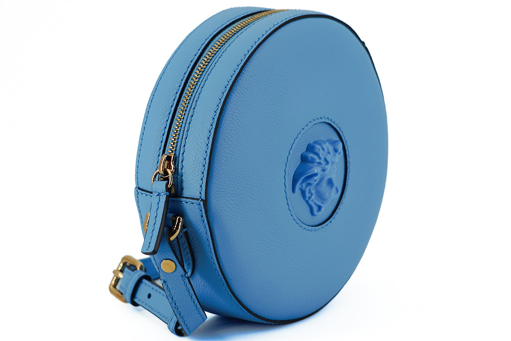 Versace Chic Blue Leather Round Shoulder Bag - KALAJ