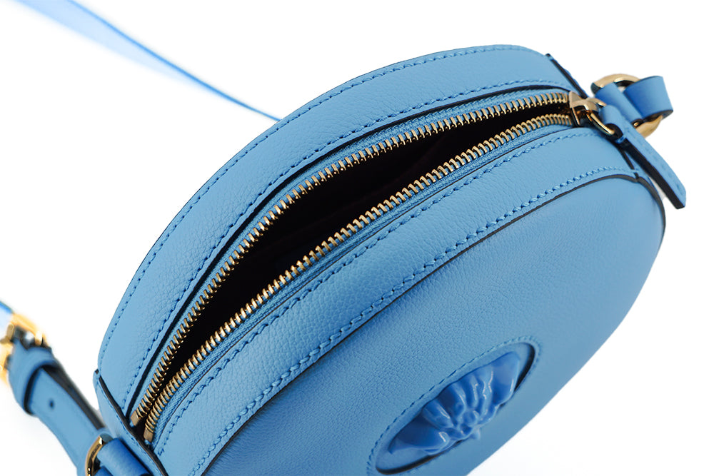 Versace Chic Blue Leather Round Shoulder Bag - KALAJ